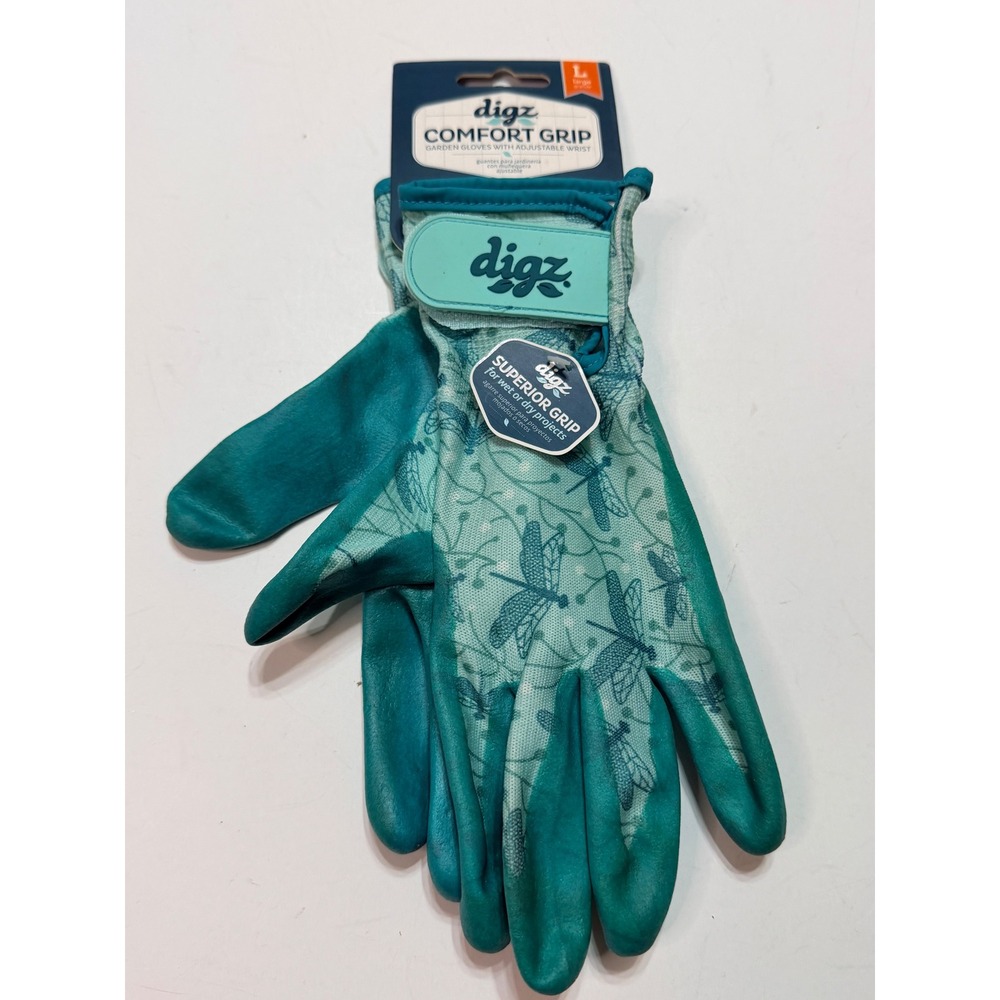 Digz Comfort Grip Garden Gloves Teal Dragonfly Print Large Adjustable Wrist NWT